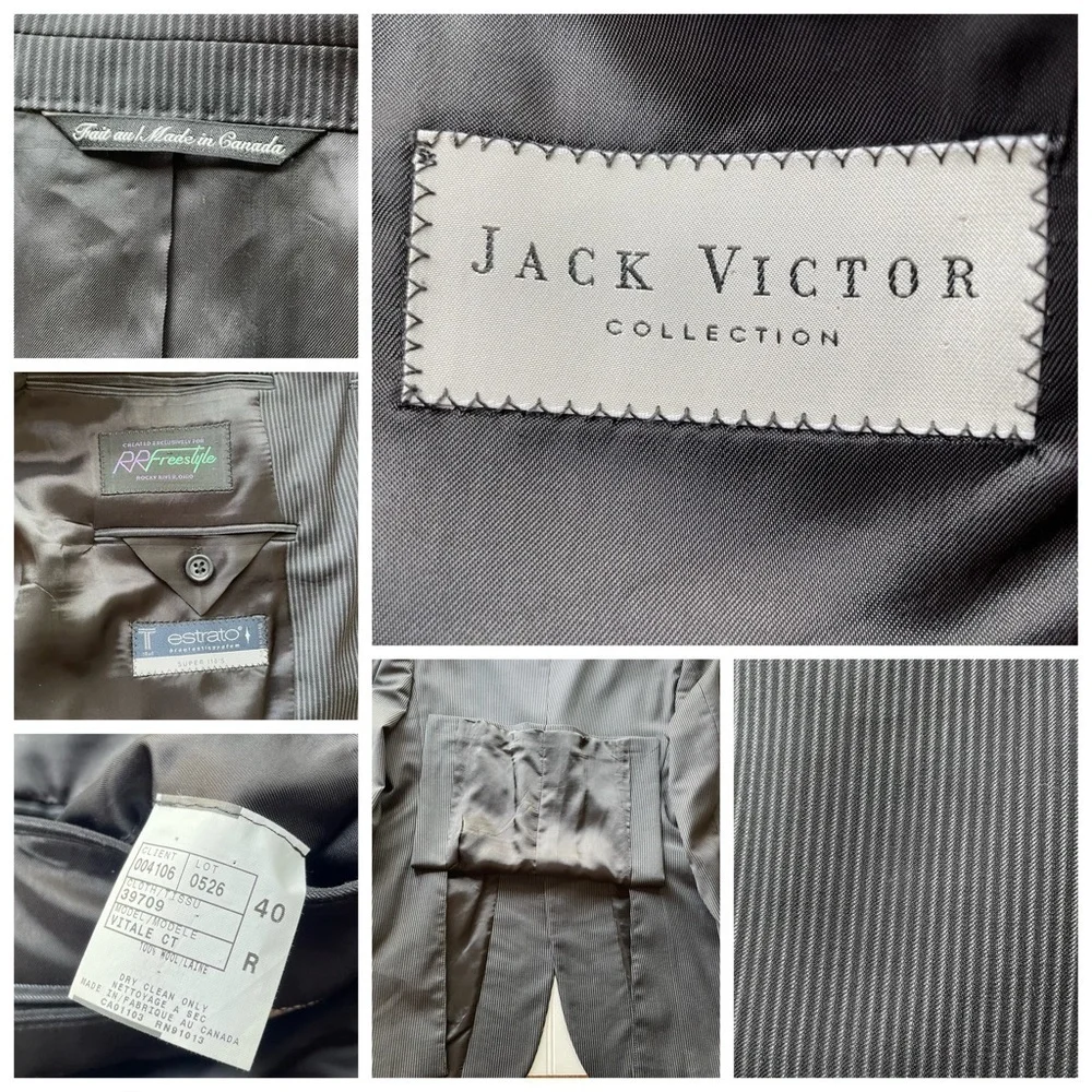 Jack Victor Suit Blazer Jacket Black Pinstripe 40R Wool Super 110 Workwear